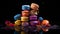 Colorful Macarons On Black Surface: A Vibrant Artistic Delight