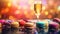 Colorful macarons and champagne with intimate blurred background