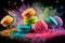 Colorful macarons with sugar powder explosion moment on black background. Neural network generated art