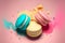 Colorful macarons with sugar powder explosion moment on pink background. Neural network generated art