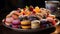 A colorful macaroon stack on a wooden plate, indulgent delight generated by AI