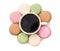 Colorful macaroons and cup of coffee shaped like flower with clipping path