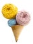 Colorful macrame yarn skeins in ice cream waffle cone isolated on a white background