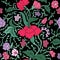 Colorful Magenta, Purple and Green East Asian Seamless Floral Pattern on Black.