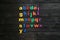 Colorful magnetic letters on black background, flat lay. Alphabetical order