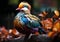 A colorful mandarin duck stands on some rocks