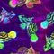 Colorful mandarin fishes hand painted watercolor illustration, seamless pattern on dark purple ocean surface with waves background