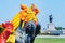 Colorful of many rooster statues at King Naresuan Monument