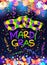 Colorful Mardi Gras poster and flyer template with carnival masks, serpentine and confetti