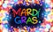 Colorful Mardi Gras sign on dark blue background with shining bokeh lights frame