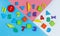 Colorful math fractions, numbers on blue pink white background. Interesting, fun mathematics for kids, preschooler. Education,