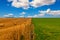 Colorful meadow and straw field with blue cloudy sky. Picture with green grass, yellow golden straw in thirds with the blue sky.