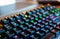 Colorful mechanical gaming keyboard close up shot,