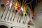 Colorful medieval flags in a castle