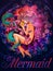 Colorful mermaid with muraena fish illustration