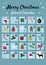 Colorful Mery Chistmas Advent calendar on blue background. Cute Christmas, winter and New Year 25 symbols and icons with