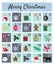 Colorful Mery Chistmas Advent calendar on white background. Cute Christmas, winter and New Year 25 symbols and icons with numbers