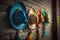 Colorful Mexican hats hanging over rustic wall.