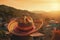 Colorful Mexican Sombrero with Picturesque Village and Landscape at Sunset