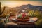 Colorful Mexican Sombrero with Picturesque Village and Landscape at Sunset, Cinco de Mayo holiday concept. Generative AI