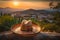 Colorful Mexican Sombrero with Picturesque Village and Landscape at Sunset, Cinco de Mayo holiday concept. Generative AI