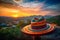 Colorful Mexican Sombrero with Picturesque Village and Landscape at Sunset, Cinco de Mayo holiday concept. Generative AI