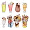 Colorful milkshake drawing set - healthy drinks and crazy sweet cocktails
