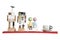 Colorful mini wooden robot models and coffee cup on red shelf is
