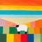 Colorful Minimalist Sheep Painting: Playful Streamlined Forms In Luminist Landscapes