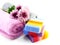 Colorful mix fruit soap with towel and luffa for cleaning