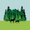 Colorful mixed forest and sihouette of deer. Green deciduous and coniferous trees on blue sky background. Flat design