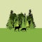 Colorful mixed forest and sihouette of deer. Green deciduous and coniferous trees on green background. Flat design