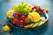 Colorful Mixed Fruit platter with Mango, Strawberry, Blueberry, Kiwi and Green Grape. Healthy food