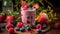 Colorful Mixed Fruit Smoothie with Berries and Herbs on Rustic Table
