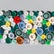 Colorful mixed sewing buttons on grey background, flat lay. Items for sewing clothes