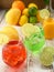 Colorful mocktails with ice. Mango martini, berry mocktail and kiwi juice
