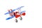 Colorful model antique red propeller double blue wing airplane or toy biplane made from metal sheet assembly isolated on white