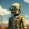Colorful Modern Man In Robot: A Surrealistic Adventure In A Rusty Field