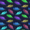 Colorful modern sneakers of bright neon color palette, seamless pattern on dark blue background