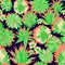 Colorful modern tropical design of a lush succulent garden in bright coral and greens on a navy blue background