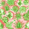 Colorful modern tropical design of a lush succulent garden in bright coral and greens on a textured soil-like background