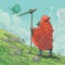 Colorful Moebius Style: A Cloaked Figure Overlooking A Ball On A Hill