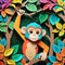 Colorful monkey on a tree branch in Kirigami style