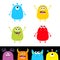 Colorful monster silhouette set. Head face. Cute cartoon scary character. Baby collection. Eyes, tongue, hands up. White black bac