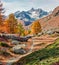 Colorful morning view of Swiss Alps. Amazing autumn scene of trekking path in high mountains, Zermatt resort location, Switzerland