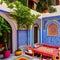 Colorful Moroccan Courtyard: A vibrant Moroccan-style courtyard with mosaic tiles, colorful textiles, and intricate archways1, G