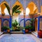 Colorful Moroccan Courtyard: A vibrant Moroccan-style courtyard with mosaic tiles, colorful textiles, and intricate archways2, G