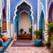 Colorful Moroccan Courtyard: A vibrant Moroccan-style courtyard with mosaic tiles, colorful textiles, and intricate archways3, G