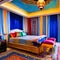 A colorful, Moroccan-themed bedroom with intricate mosaic tile patterns, draped fabrics, and lantern lighting1, Generative AI