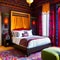 A colorful, Moroccan-themed bedroom with intricate mosaic tile patterns, draped fabrics, and lantern lighting1, Generative AI